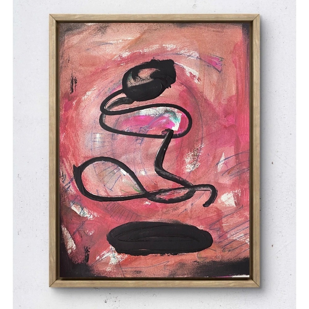 Original Biomorphic Abstract Painting 11x14 Pink Black Gestural Line Fine Art